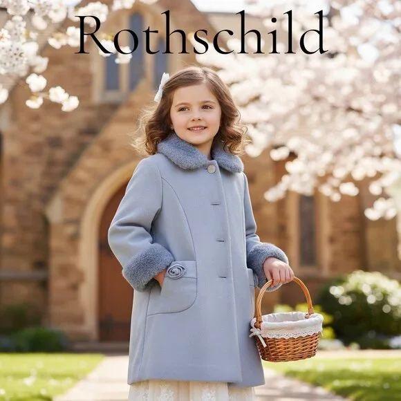 Rothschild Girls Dress Coat Size 5 Blue Frost Faux Fur Collar Holiday Coat - Picture 1 of 10